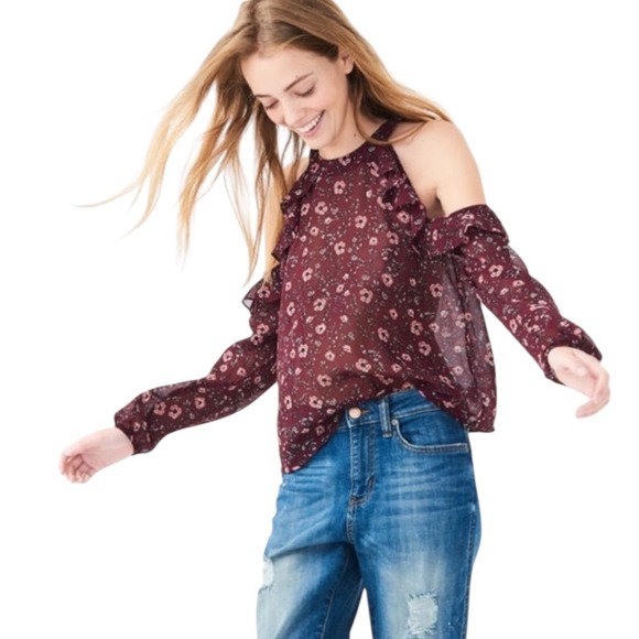Aeropostale Tops - Aeropostale Floral Cold Shoulder‎ Ruffle Blouse Long Sleeve Top Maroon M